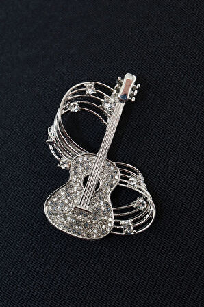 Zirkon taşlı melodili gitar broş. Yaka iğnesi gitar broş. Erkek broş. Kadın broş. Gitar broş.