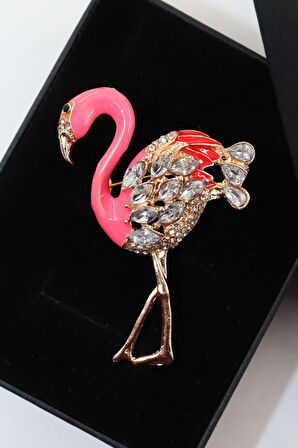 Zirkon taşlı flamingo broş. Yaka iğnesi flamingo broş. Taşlı broş. Kadın broş. Flamingo broş.