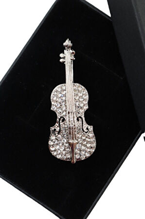 Silver zirkon taşlı keman broş. Yaka iğnesi keman broş. Kadın broş, erkek broş. Keman broş.