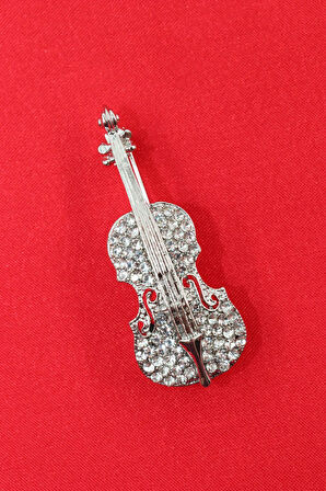 Silver zirkon taşlı keman broş. Yaka iğnesi keman broş. Kadın broş, erkek broş. Keman broş.