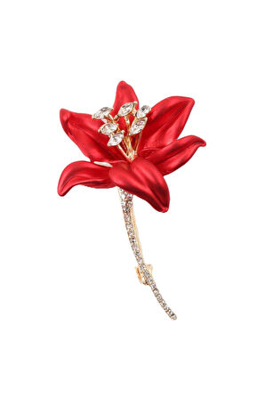 Zirkon taşlı kırmızı zambak broş. Yaka iğnesi zambak broş. Taşlı zambak broş.Kadın broş. Zambak broş