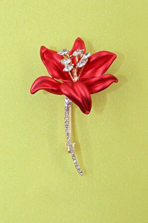 Zirkon taşlı kırmızı zambak broş. Yaka iğnesi zambak broş. Taşlı zambak broş.Kadın broş. Zambak broş