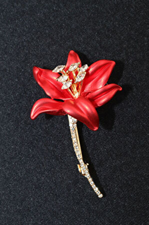 Zirkon taşlı kırmızı zambak broş. Yaka iğnesi zambak broş. Taşlı zambak broş.Kadın broş. Zambak broş
