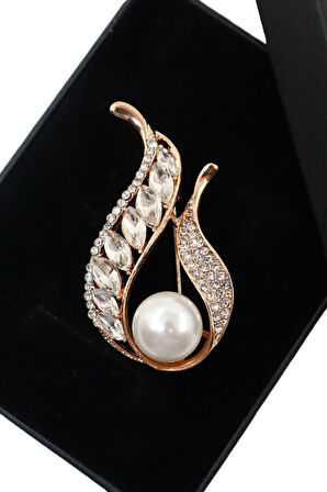 Gold zirkon taşlı incili lale broş. Yaka iğnesi lale broş, incili lale broş. Kadın broş. Lale broş.