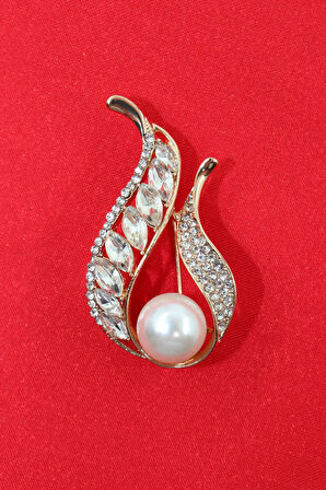 Gold zirkon taşlı incili lale broş. Yaka iğnesi lale broş, incili lale broş. Kadın broş. Lale broş.