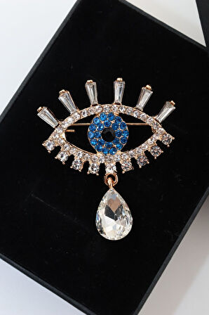 Zirkon taşlı mavi göz broş. Yaka iğnesi göz broş. Taşlı tasarım göz broş. Kadın broş. Göz broş.