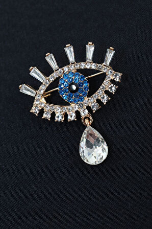 Zirkon taşlı mavi göz broş. Yaka iğnesi göz broş. Taşlı tasarım göz broş. Kadın broş. Göz broş.