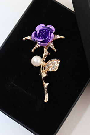 İncili zirkon taşlı mor gül broş. Yaka iğnesi gül broş. İncili taşlı gül broş kadın broş. Gül broş