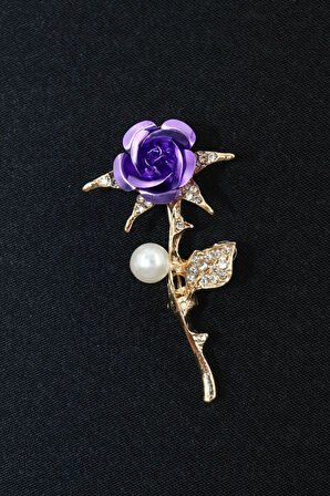 İncili zirkon taşlı mor gül broş. Yaka iğnesi gül broş. İncili taşlı gül broş kadın broş. Gül broş
