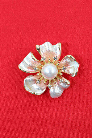 İncili zirkon taşlı beyaz gül broş. Yaka iğnesi gül broş. İncili taşlı gül broş kadın broş. Gül broş