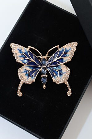 Taşlı mavi kelebek broş. Yaka iğnesi kelebek broş. Taşlı tasarım broş. Kadın broş. Kelebek broş