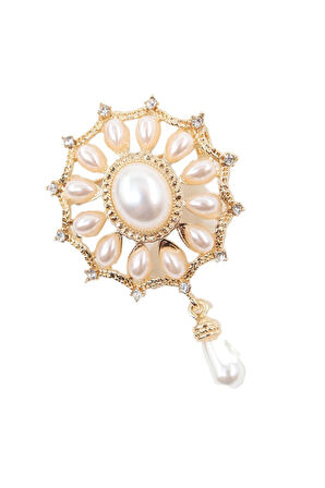 Sallantılı zirkon taşlı incili broş. Yaka iğnesi inci broş. Taşlı inci broş. Kadın broş. İnci broş.