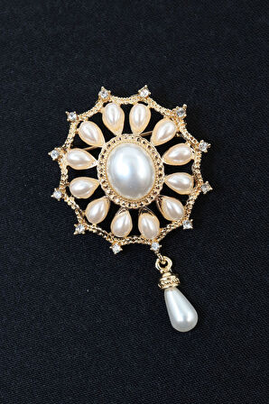 Sallantılı zirkon taşlı incili broş. Yaka iğnesi inci broş. Taşlı inci broş. Kadın broş. İnci broş.