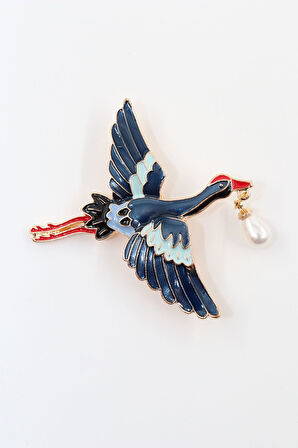 Kırmızı taçlı incili turna broş. Yaka iğnesi turna broş. Unisex. Erkek broş. Kadın broş. Turna broş.