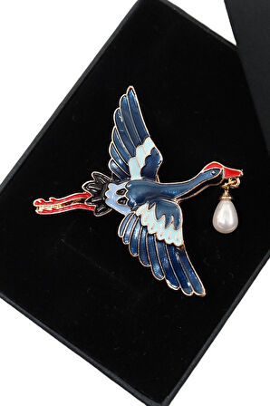 Kırmızı taçlı incili turna broş. Yaka iğnesi turna broş. Unisex. Erkek broş. Kadın broş. Turna broş.