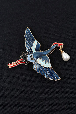 Kırmızı taçlı incili turna broş. Yaka iğnesi turna broş. Unisex. Erkek broş. Kadın broş. Turna broş.