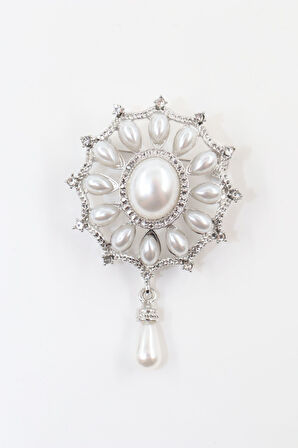 Sallantılı zirkon taşlı incili broş. Yaka iğnesi inci broş. Taşlı inci broş. Kadın broş. İnci broş.