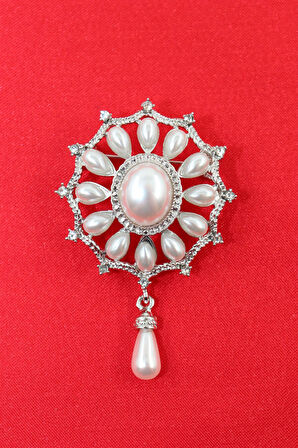 Sallantılı zirkon taşlı incili broş. Yaka iğnesi inci broş. Taşlı inci broş. Kadın broş. İnci broş.