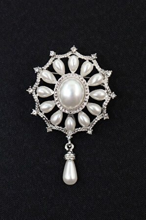 Sallantılı zirkon taşlı incili broş. Yaka iğnesi inci broş. Taşlı inci broş. Kadın broş. İnci broş.