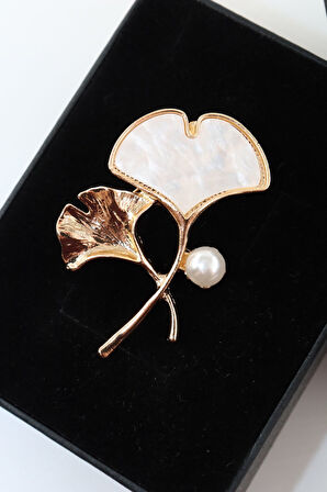 Gold Sedef Incili Ginkgo Yaprağı Broş. Yaka Iğnesi Ginkgo Yaprağı. Kadın Broş. Ginkgo Yaprağı Broş.