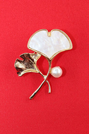 Gold Sedef Incili Ginkgo Yaprağı Broş. Yaka Iğnesi Ginkgo Yaprağı. Kadın Broş. Ginkgo Yaprağı Broş.