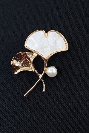 Gold Sedef Incili Ginkgo Yaprağı Broş. Yaka Iğnesi Ginkgo Yaprağı. Kadın Broş. Ginkgo Yaprağı Broş.