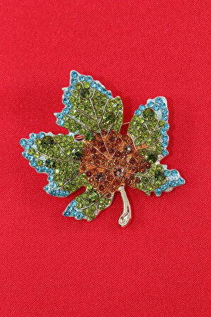 Zirkon taşlı akçaağaç yaprağı broş. Yaka iğnesi akçaağaç broş. Kadın broş. Akçaağaç yaprağı broş.
