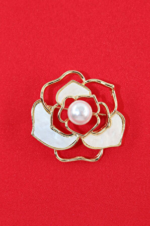 Sedef incili gül broş. Yaka iğnesi gül broş. Tasarım sedef incili gül broş. Kadın broş. Gül broş.