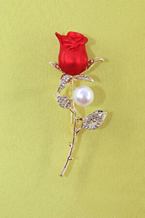 İncili kırmızı gül broş. Yaka iğnesi gül broş. Taşlı tasarım kırmızı gül broş. Kadın broş. Gül broş.