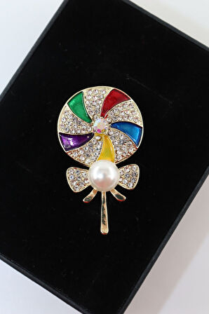 Lolipop şekeri incili broş. Yaka iğnesi lolipop broş. Taşlı tasarım broş. Kadın broş. Lolipop broş.