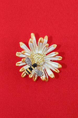 Arılı papatya broş. Yaka iğnesi papatya broş. Taşlı arılı broş. Kadın broş. Arı broş. Papatya broş.