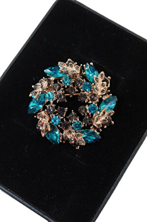Turkuaz pırlanta broş. Yaka iğnesi pırlanta broş, Taşlı tasarım broş. Kadın broş. Pırlanta broş.