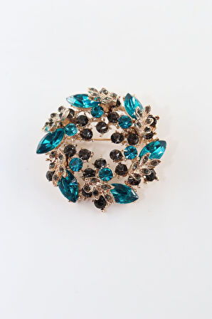 Turkuaz pırlanta broş. Yaka iğnesi pırlanta broş, Taşlı tasarım broş. Kadın broş. Pırlanta broş.