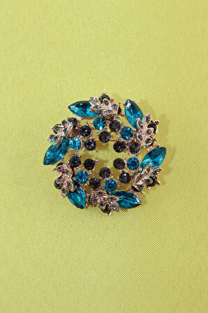 Turkuaz pırlanta broş. Yaka iğnesi pırlanta broş, Taşlı tasarım broş. Kadın broş. Pırlanta broş.