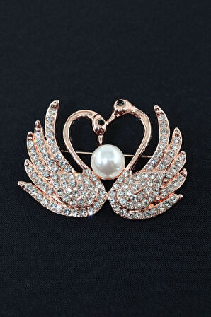 Çift kuğulu kalp broş. Yaka iğnesi kuğu broş. Taşlı kalp kuğu broş. Kadın broş. Kuğu broş. Kalp broş