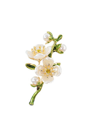 Baharın uyanışı erik çiçeği broş. Yeşil dallı incili kristal taşlı erik çiçekli kadın yaka iğnesi.