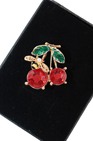 Yazın neşesi arılı kiraz broş. Altın dallı kristal taşlı yakut renkli kiraz arı kadın yaka iğnesi