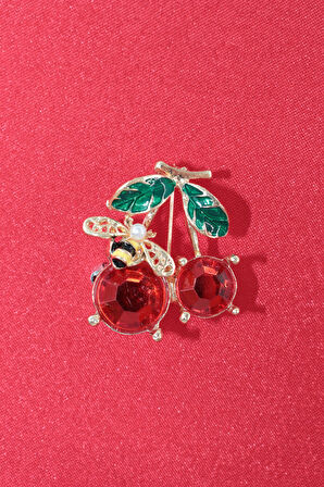 Yazın neşesi arılı kiraz broş. Altın dallı kristal taşlı yakut renkli kiraz arı kadın yaka iğnesi