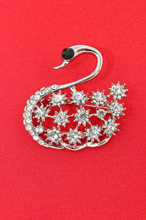 Gümüş renk. Kuğu broş. Yaka iğnesi broş. Taşlı tasarım broş. Kadın broş. Broş.