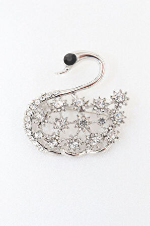 Gümüş renk. Kuğu broş. Yaka iğnesi broş. Taşlı tasarım broş. Kadın broş. Broş.