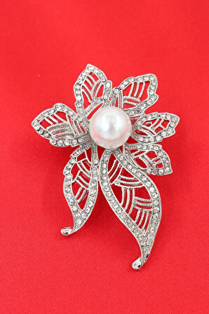 Gümüş Renk, Incili Çiçek Broş. Yaka Iğnesi Broş. Taşlı Broş. Kadın Broş. Inci Broş. Gümüş Broş.