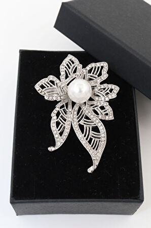 Gümüş Renk, Incili Çiçek Broş. Yaka Iğnesi Broş. Taşlı Broş. Kadın Broş. Inci Broş. Gümüş Broş.