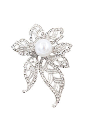Gümüş Renk, Incili Çiçek Broş. Yaka Iğnesi Broş. Taşlı Broş. Kadın Broş. Inci Broş. Gümüş Broş.