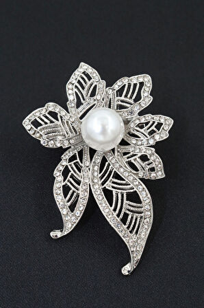 Gümüş Renk, Incili Çiçek Broş. Yaka Iğnesi Broş. Taşlı Broş. Kadın Broş. Inci Broş. Gümüş Broş.