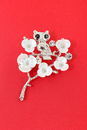 Baykuş broş. Taşlı tasarım, incili gümüş renk baykuş broş. Yaka iğnesi broş. Kadın broş. Broş.