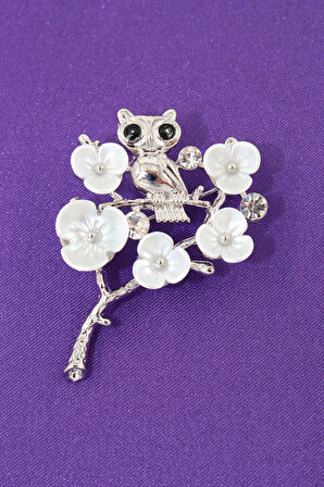 Baykuş broş. Taşlı tasarım, incili gümüş renk baykuş broş. Yaka iğnesi broş. Kadın broş. Broş.