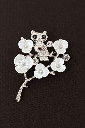 Baykuş broş. Taşlı tasarım, incili gümüş renk baykuş broş. Yaka iğnesi broş. Kadın broş. Broş.