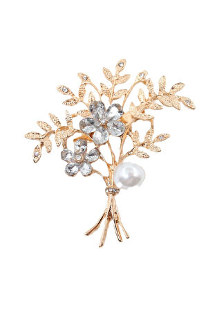 Yapraklı çiçekli incili broş. Taşlı tasarım broş, incili broş. Yaka iğnesi broş. Kadın broş. Broş.