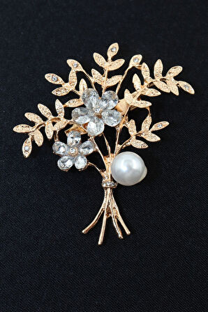Yapraklı çiçekli incili broş. Taşlı tasarım broş, incili broş. Yaka iğnesi broş. Kadın broş. Broş.