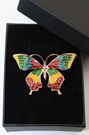 Kelebek broş. Taşlı tasarım broş. Gold renk kelebek broş. Yaka iğnesi broş. Kadın broş. Broş.